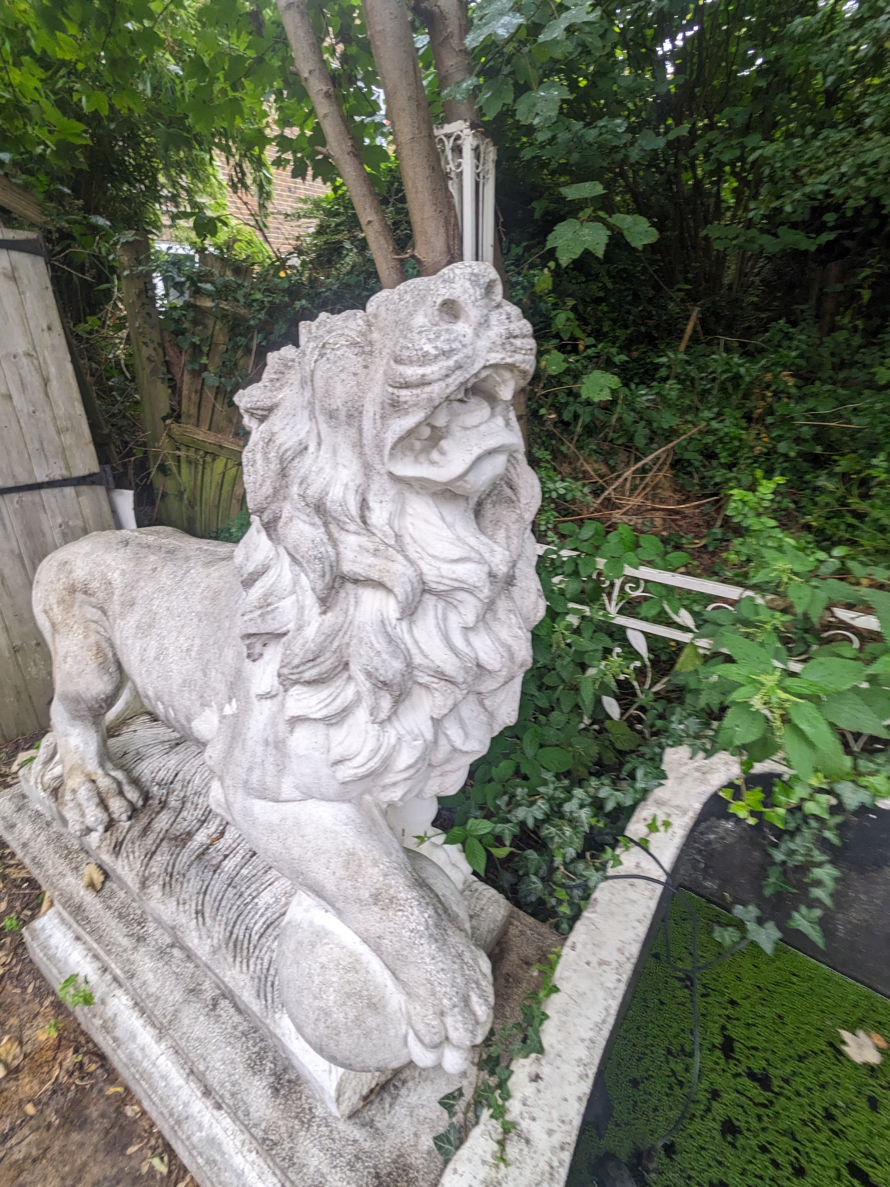 A pair of re-constituted stone models of lions standing upon rectangular plinths, fitted as fountains, Height 160cm., Viewing in Forest Row by arrangement. Purchaser to arrange for removal within one week of the sale dat